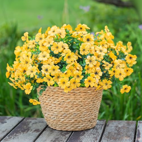 Yellow Fall Artificial Flowers for Outdoors Decorations, 12 Bundles Faux Fall Mums Flowers, UV Resistant Realistic Silk Daisy with Eucalyptus for Home Decor Garden Planters Patio Yard Balcony - color: Yellow&12 Bundles