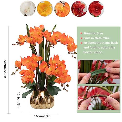 CXGS Artificial Orchid Flower Real Touch Faux Orchids in Ceramic Vase Large 22.9'' Fake Flowers Orange Phalaenopsis Floral for Home Indoor Decor - color: Orange- Golden (Large Pot)