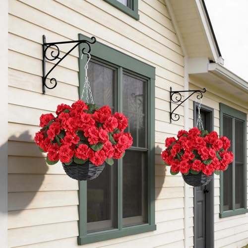 GLIDLION 2 Set Artificial Geraniums Flowers with Hanging Baskets for Outdoors - Sun Resistant Silk with Geranium Flowers, Fake Hanging Planters for Front Porch Garden Patio Home Decor (Red) - color: Red