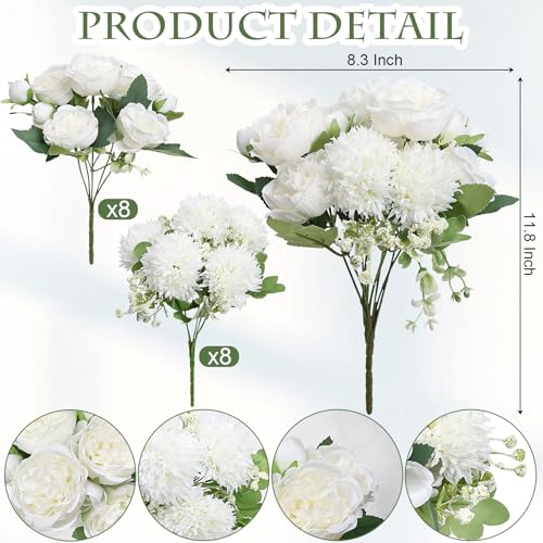 16 Bundles Artificial Flowers Peonies, Silk Faux Peony Bulk Floral Arrangements Bundles Fake Peonies for DIY Bouquet for Vase Centerpiece Home Wedding Party Centerpiece(White) - color: White
