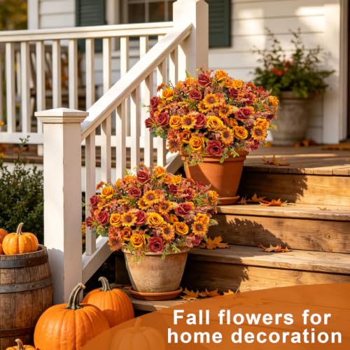 Fall Flowers Artificial for Outdoor Decoration, 6 Bundles Faux Fall Flowers Fake Rose with Artificial Mums for Front Porch Garden Patio Window Box Outside Autumn Home Indoor Decor (Fall Orange) - color: Fall Orange