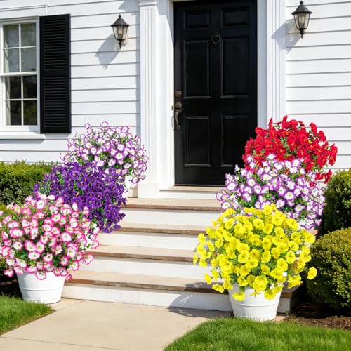 Bassion Artificial Flowers for Outdoors, 20 Bundles Silk Fake Flowers UV Resistant Realistic Morning Glory Faux Eucalyptus Plants for Outside Planters Porch Window Box Garden Indoor Decor - color: Multi Color