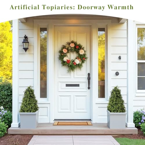 30" Artificial Boxwood Topiary Trees Outdoor Set of 2 - UV Resistant Faux Plants for Front Porch Outside Planter, Realistic Fake Cone-Shaped Bushes & Shrubs 2.5ft - color: Eucalyptus Light Green, size: 30in