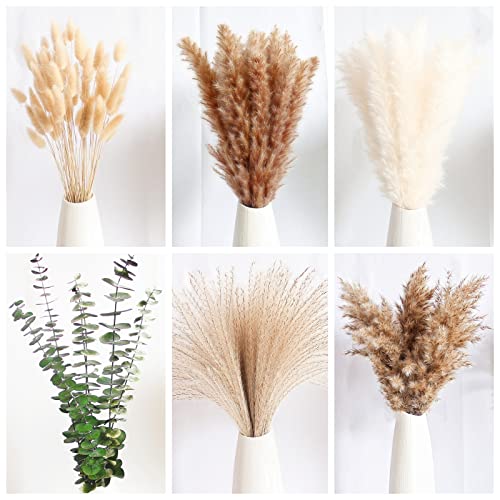 110 PCS of Boho Pampas Grass Decor, Naturally Dried Pompas, Bunny Tails Dried Flowers, and dried eucalyptus. Perfect for Weddings, Boho Party Decorations, and Table Decor. - size: 110PCS 14-17inch Mixed