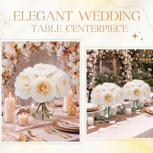 Zeyune 2 Pack Peonies Artificial Flowers with Vase Faux Peonies Flowers Fake Silk Peony with Faux Water for Home Table Centerpieces Wedding Baby Shower Birthday Party Decoration (White) - color: White, style: Peonies
