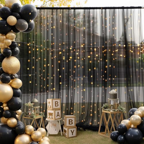 10ft x 8ft Black Backdrop Curtain with Lights String for Parties, Sheer Tulle Wedding Photo Backdrops Drapes for Baby Shower Birthday Party Decorations Background for Photography - color: Black, size: W5' x H8'(2 panels)