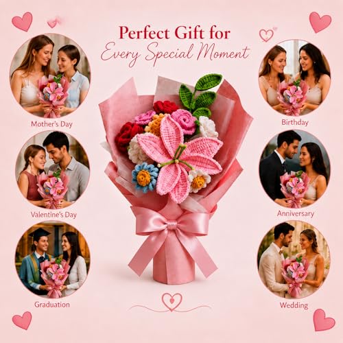 Handmade Crochet Flowers Pink Lily Bouquet with Roses and Daisies - 11 Stems Artificial Plant for Wife, Mother, Lover - Anniversary Birthday Graduation Valentine's Day Gift Wedding Home Decor - color: Pink