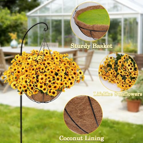 Zythrem Artificial Flowers Hanging Basket UV Resistant Faux Flower Hanging Baskets for Outside Large Silk Hanging Sunflower Decor Fake Mums for Front Porch Yard Gardeng Patio Summer - size: 13in