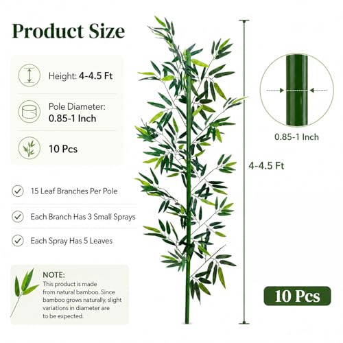 4 FT Fake Bamboo Plant Indoor: 10 Packs Artificial Privacy Tall Tree Decor, Faux Bamboo for Outdoor or Office or Home
