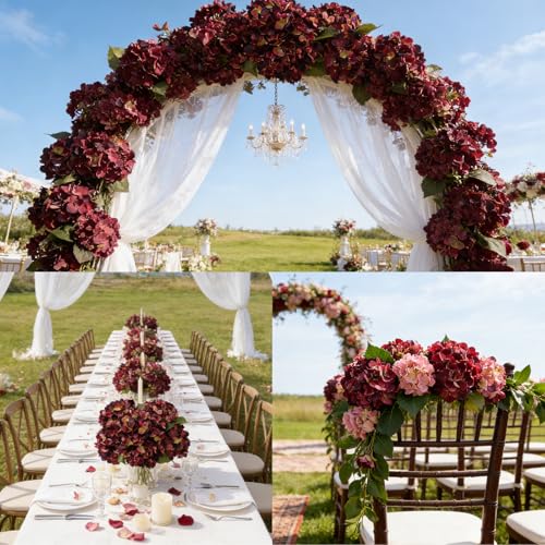 6PCS Realistic Artificial Silk Hydrangea Flowers, Premium Fake Hydrangea Flowers Bouquet with Stems, Full Faux Hydrangea Blooms for Home Wedding Table Party Office Decorations(Purplish Red) - color: Purplish Red