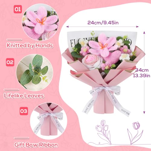 Tenn Well Crochet Flower Bouquet, Crochet Knitted Tulip Gift Artificial Flowers for Mother’s Day, Birthday, Graduation, Anniversary and Home Decor - color: Pink