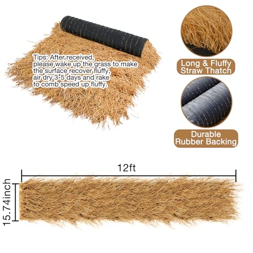 XLX TURF Artificial Thatch Roof for Tiki Bar Huts Hawaiian Cowboy Party Decorations - Fireproof Wild Mexican Style Artificial Hay Straw Roll Crafts Garden Fence Patio - 12' x 15.74" Duck Blind Grass - size: 15.74" x 12'