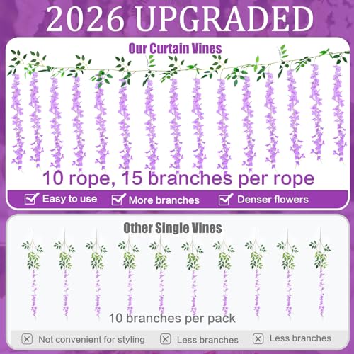 150 Branches Wisteria Hanging Flowers,10Pcs Total 60ft Purple Wisteria Artificial Flowers Garland Vine Silk Hanging Flowers for Wedding Party Arch Ceremony Garden Home Backdrop Decor - color: Purple, size: 10