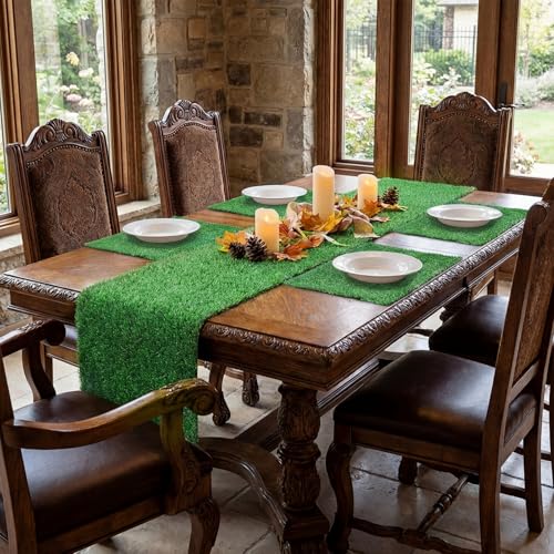 7 Pcs Artificial Grass Table Runner Set 12" x 36" Faux Grass Table Runner 12" x 12" Green Square Placemats Washable for Golf Themed Party, Dining Decorations, Wedding, Turf Patch DIY Craft