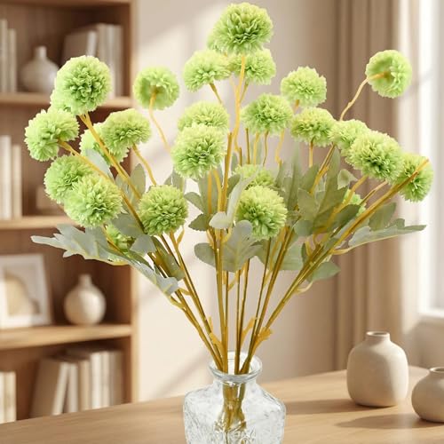 Mandy's 6 Stems Silk Green Kiku Ball Flowers | Artificial Chrysanthemum Stems for Home Summer Décor Realistic Faux Floral Arrangement Minimalist Elegant Style - color: Green