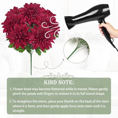Hollyone Red Artificial Dahlia Flowers Bush Fake Fall Flowers Artificial for Decoration Outdoor Indoor 7 Heads Silk Faux Dahlias Flower Bouquets Arrangements Centerpieces Fall Decorations for Home - color: Red