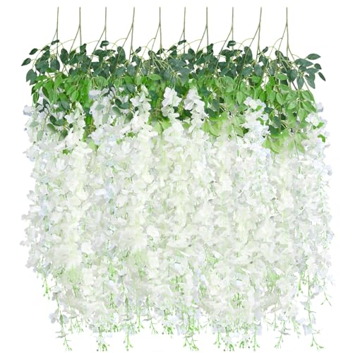 10 Pack Artificial Wisteria Hanging Flowers 3.6 Feet/Piece White Dense Fake Wisteria Vine Ratta Hanging Garland Silk Flowers String for Home Wedding Arch Wall Party Garden Decor - color: White