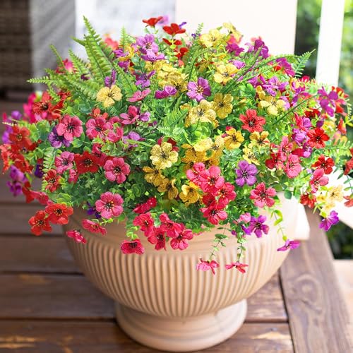 HyeFlora Artificial Faux Outdoor Flowers Plants for Summer Outside Decoration, 14 Bundles Fake Silk Colorful Daisy Ferns UV Resistant Realistic for Front Door Porch Planter Patio Yard - color: Mixed Flower+grass