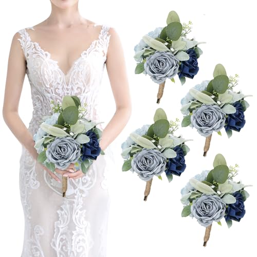 Artificial Bridesmaid Bouquets - Set of 4 Silk Rose Flowers Bouquet Wedding Rustic Small Floral Centerpieces for Marriage Proposal Party Anniversary Dining Table Decorations - Blue,7 Inch - color: Blue, size: 4pcs Bouquets