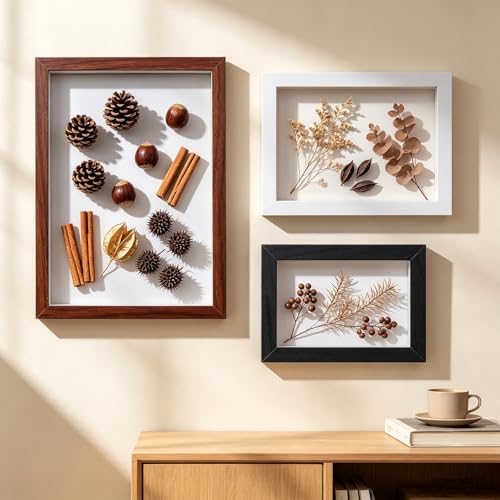 A4 Shadow Box - Walnut Color Wooden Deep Picture Frame with Shatter-Resistant Panel for Wall Decor | 3D Display Case for Military Medals, Flowers, Photos and Crafts | Easy to Open & Ready to Hang Gift - color: Walnut Color, size: 1Pcs A4/8.3x11.7in