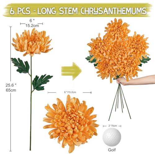 Briful 6 Pcs Gold Artificial Mums for Outdoors Fall – 25.6’’ Long Stem Faux Chrysanthemums, Large 6’’ Silk Fall Flowers for Wedding Bouquets, Centerpieces, Porch Décor, Indoor Home Decoration - color: Gold
