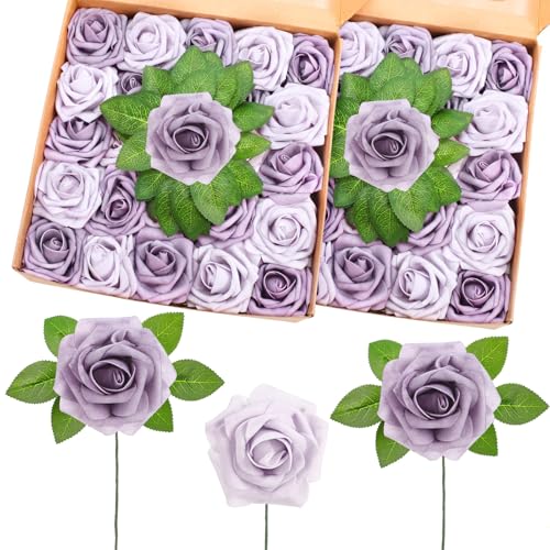 50 Pcs Artificial Foam Rose Flower Faux Bouquet Wedding Fake Rose Gift for Mother's Day Women DIY Bridal Shower Party Table Birthday Home Spring Decor (Soft Purple) - color: Soft Purple