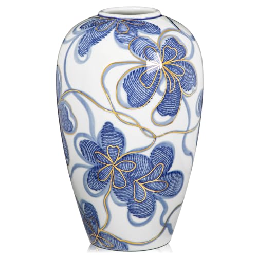 Blue and White Ceramic Vase for Home Decor – Hand-Painted Porcelain Flower Vase with Gold Accents – Chinoiserie-Inspired Home Decor Vases – 9" for Table, Shelf, or Mantel - size: 9"