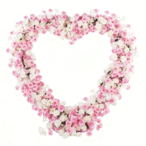 Heart-Shaped Rose Flower Arrangement - Floral Decor for Wedding Arch, Proposal, Party & Event Backdrops, Indoor Outdoor Use（Stand NOT Included） (Pink-White) - color: Pink-white