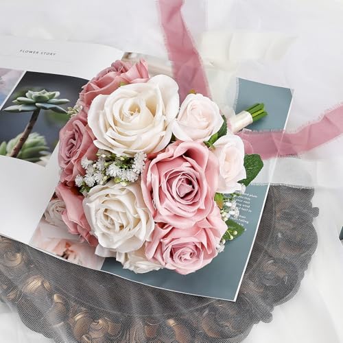 Wedding Bouquet for Bride - Premade Simple Artificial Roses Flowers for Bridal Shower Destination Ceremony Anniversary Decorations - Dusty Pink & White - color: Dusty Pink & White