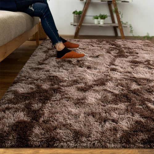 DweIke Fluffy Brown Rugs for Bedroom Living Room, 3x5 Feet Soft Plush Shaggy Tie-Dyed Dark Coffee Girls Boys Kids Rug, Upgraded Non-Slip and Machine Washable Carpet for Dorm Nursery Classroom Decor - color: Tie-dyed Brown, size: 3 Ft X 5 Ft