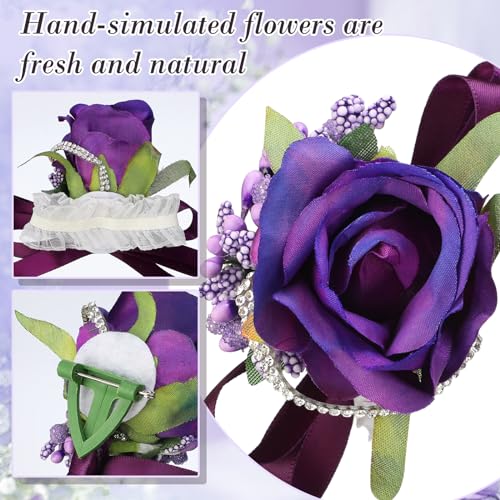 Geosar 20 Pcs Wedding Corsage and Boutonniere Set Homecoming Artificial Corsage Wristlet and Boutonniere for Men Women Bride Bridesmaid Wedding Flowers Accessories Prom Suit Decorations (Purple) - color: Purple
