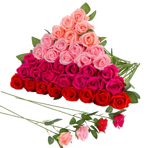 36 Pcs Mixed Pink Red Artificial Roses with Long Stems, Fake Silk Rose Artificial Flowers Bulk for Bridal Wedding Bouquet Centerpiece Ball Arrangement Party Decor - color: Mixed Pink, Red