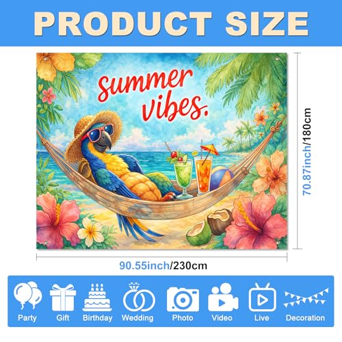 BlissYard Summer Vibes Backdrop 8x6ft Tropical Parrot Hammock Beach Party Background Cloth for Photography, Island Luau Hawaiian Banner Photo Booth Scene with Hibiscus Flowers Ocean Cocktail Decor - color: Tropical Parrot#1