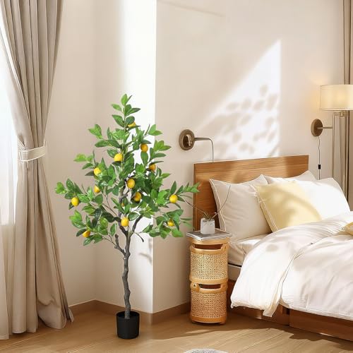 Daifunli 1 Pack Artificial Lemon Tree with Realistic Leaves and Natural Trunk Faux Tree with Silk Leaves for Porch Home Office Farmhouse Indoor Outdoor Housewarming Gift - style: Lemon
