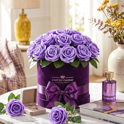 Auihiay 14PCS Purple Artificial Roses, Realistic Silk Fake Roses Flowers with Long Stem for Mother's Day, Wedding Centerpieces, Spring Home Decoration & Party DIY Floral Arrangements - color: Purple