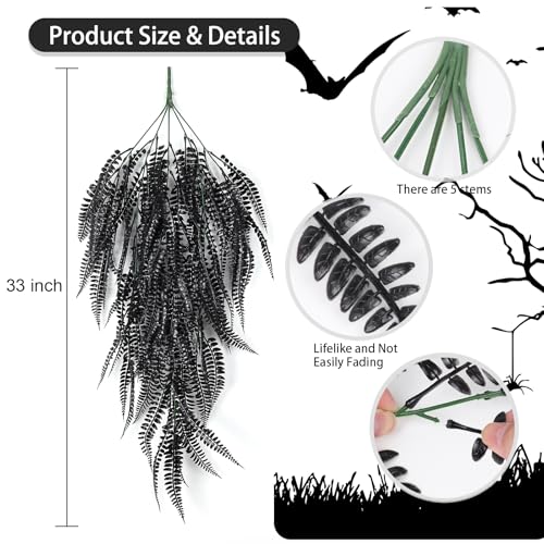 RECUTMS Faux Hanging Plants 4 Pcs UV Resistant Lifelike Artificial Boston Fern Large Draping Fake Greenery Plastic Evergreen Ivy for Wall Home Wedding Garden Indoor Outdoor Decoration (Black) - color: Black