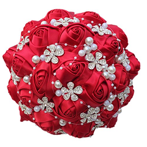 S_SSOY Wedding Bouquet Bride Bridal Brooch Bouquets Bridesmaid Bouquet Diamond Pearl Ribbon Valentine's Day Confession Party Church with Free Corsage Flower, Red - color: Red