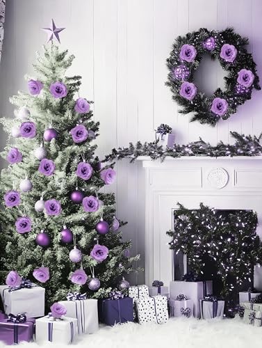 Artificial Roses with Stems,30PCS Glitter Roses Bouquet Lilac Flowers for Wedding Bouquet Party Christmas Home Decor(Lilac) - color: Lilac