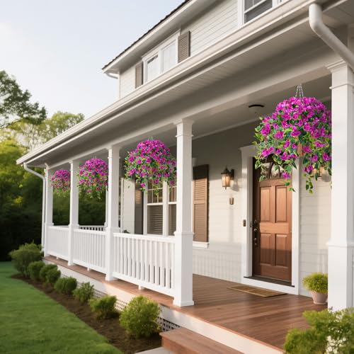 Homsunny Artificial Hanging Flowers Plants Basket for Outdoor Decoration,4 PCS Faux Silk Bougainvillea Vine Flowers Look Real UV Resistant for Outside Porch Patio Yard Garden Decor (Purple) - color: Purple