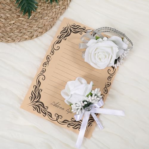 Lusofie Sparkling White Rose Corsage and Boutonniere Set for Women Men - 2Pcs Elegant Rhinestone Wristlet, Artificial Flowers for Prom Wedding Homecoming Party