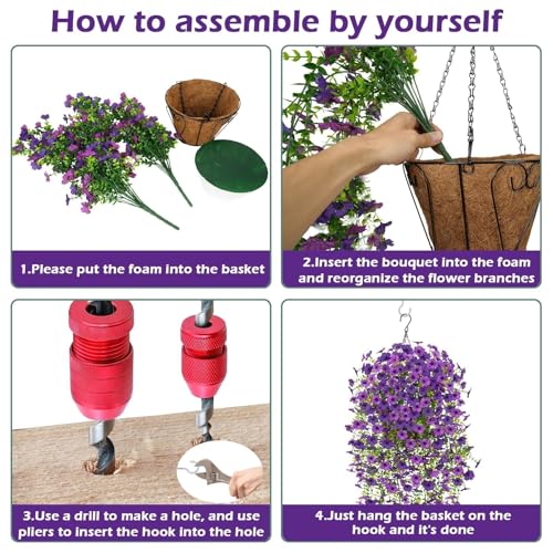 Zythrem 2 Set Artificial Hanging Flowers Basket for Outdoors Artificial Flowers for Outdoors 4 PCS Spring Summer Hanging Planter Basket for Porch Baclony Garden Front Door Decor (Purple)