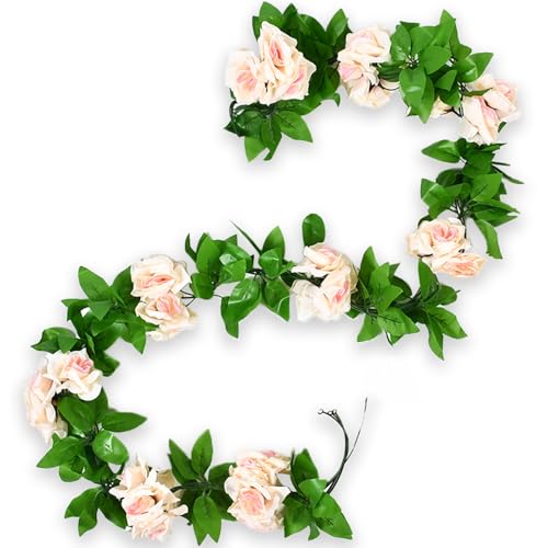 4Pcs Artificial Rose Vines Fake Flowers Garland with Green Leaves Faux Hanging Floral Plants for Home Bedroom Living Room Patio Decor,Christmas Wedding Birthday Party Decoration (Champagne) - color: Champagne, size: 4Pcs-large rose