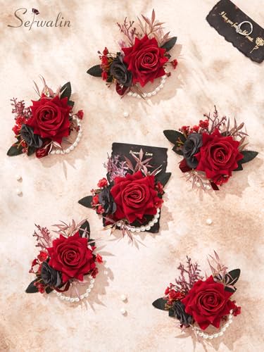 Serwalin 6Pcs Red Wrist Corsage for Wedding, Artificial Silk Rose Flower Wrist Corsage Wristlet for Prom Homecoming Party Accessories for Bride Bridesmaids, Mother of Bride and Groom - color: Red, size: Corsage 6pcs
