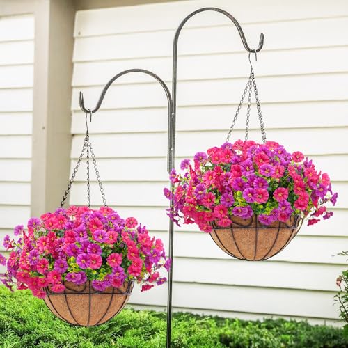 Elyum 2 Pack Artificial Hanging Flowers for Outdoors, Fake Flowers Artificial Petunias Hanging Baskets for Outdoors, UV Resistant Fake Hanging Plants Flowers for Outside Garden Patio Porch Decor - color: Purple&rose Red, size: 2 Pack
