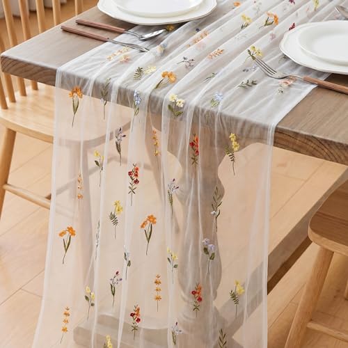 Boao 1 Pc Wildflower Table Runner Embroidery Tulle Spring Summer Table Runner 120 Inch 10 ft Kitchen Dining Decoration for Wedding Baby Shower Bridal Shower Home Decor Birthday Party (Ivory) - color: Ivory, size: Wildflower