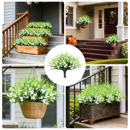 16 Bundles Artificial Plants Flowers for Outdoor Fake Monkey Grass with Flowers for Outside Planter Realistic UV Resistant Faux Plant for Garden Patio Pathway Front Porch(16, White) - color: White
