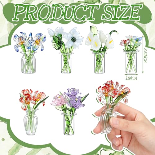 FoldTier 42 Pcs Mini Glass Flower Decoration Hand Blown Glass Flower Figurines Collectible Ornaments with Vase for Mothers Day Birthday Table Centerpiece Garden DIY Craft(Style 2) - style: Style 2