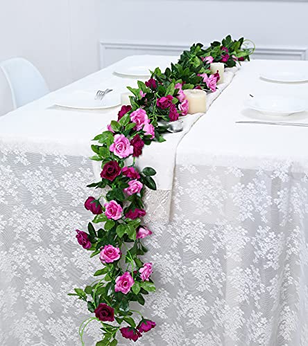 Floweroyal 2 Pack Artificial Flower Garlands 15.8FT Fake Rose Vines Silk Flowers Hanging Rose Ivy for Wedding Arch Party Home Garden Wall Decor (Fuchsia) - color: Fuchsia, size: 2pcs