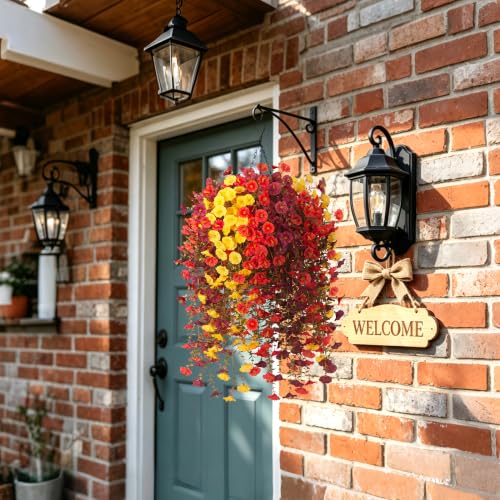 Hrobek Fake Fall Hanging Flowers Artificial for Outdoor Decoration, 9pcs | Long Vine Morning Glory, Realistic Faux Petunias for Patio Porch Garden, Orange Brown Yellow - color: Brown Orange Yellow