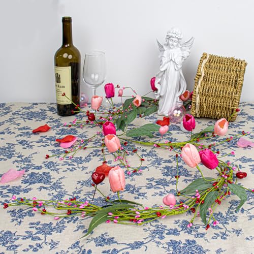 5 FT Valentine Garland Valentines Garlands Valentines Day Garlands Pink Floral Garland with Tuilps Heart Berry for Valentine's Day Indoor Wedding Party Stairs Table Fireplace Mantel